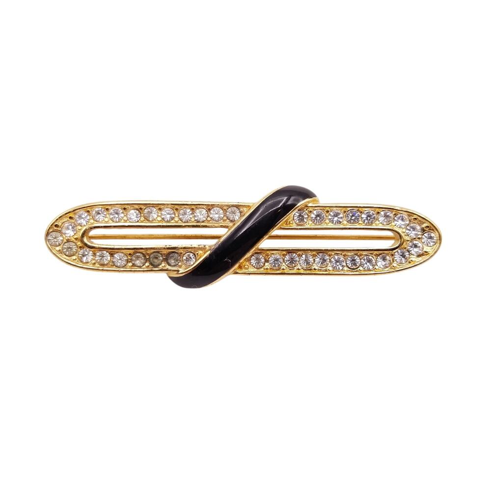 Vintage Monet Brooch Pin Gold Tone Bar Knot Ribbon Black Enamel Rhinestones